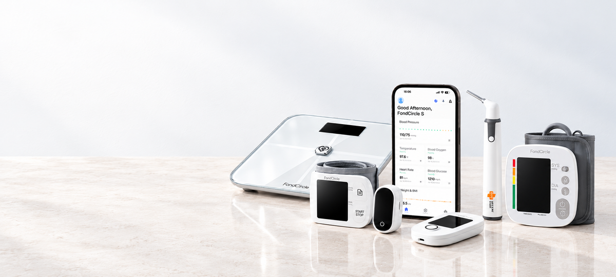 FondCircle connected health devices grouped on the right of a bright tabletop, with clean space on the left.