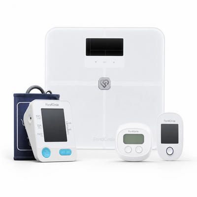FondCircle GLP-1 & Weight Kit with F3 scale, T1 tape measure, A1 blood pressure monitor, and M2 blood glucose meter